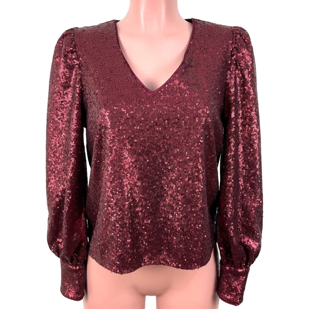 Evereve Cece Puff Sleeve Sequin Top Wine Red Party Cocktail Holiday Futuristic